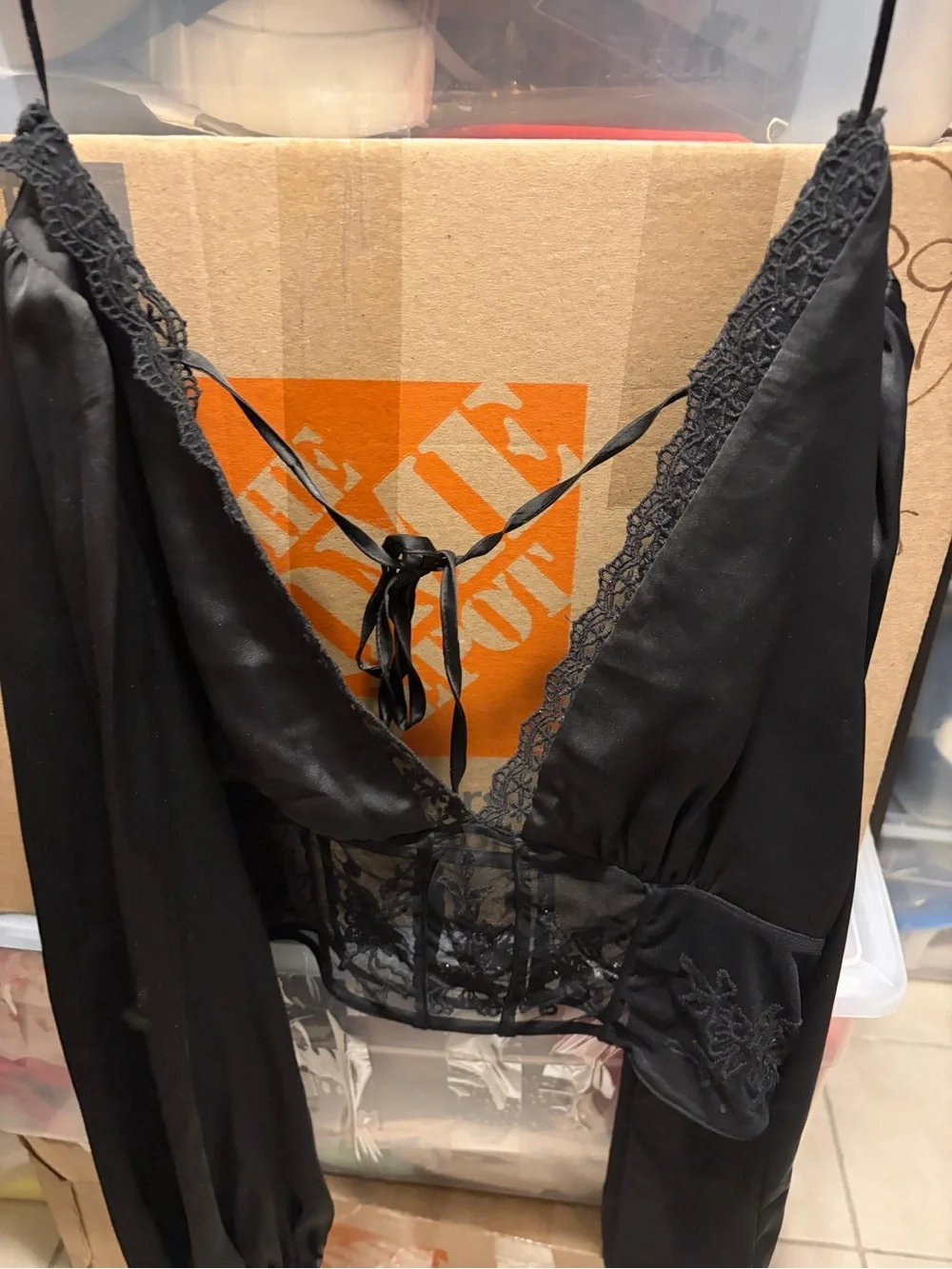 Zara Black Satin Top with Floral Mesh Trim